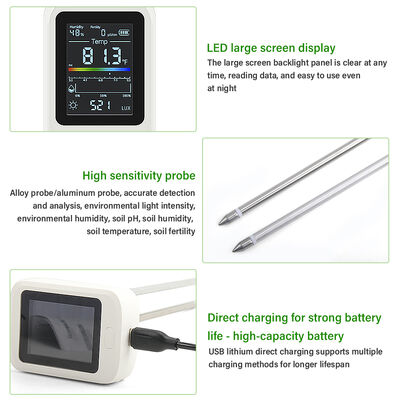 6-в-1 тестер почвы со светодиодным дисплеем, перезаряжаемый через USB Type-C и поворотным ЖК-экраном для садоводства и фермерства