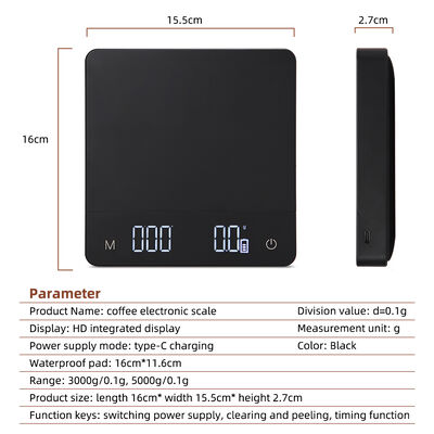 Цифровые кухонные весы с зарядкой Type-C, встроенным сенсорным экраном, таймером и водонепроницаемым дизайном для измерения кофе и продуктов