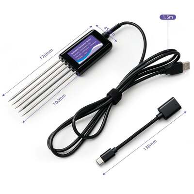 Улучшенный почвенный тестер с подключением USB-C с функцией хранения данных EC, температуры, влажности, pH, плодородия и N-P-K