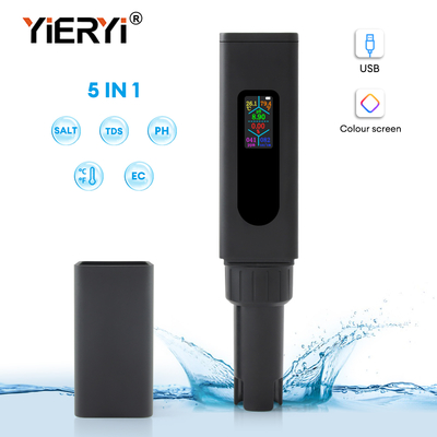 Новый USB перезаряжаемый 5-в-1 измеритель качества воды – цветной экран TDS, солесодержание, EC, pH, тестер температуры