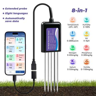 Улучшенный почвенный тестер с подключением USB-C с функцией хранения данных EC, температуры, влажности, pH, плодородия и N-P-K